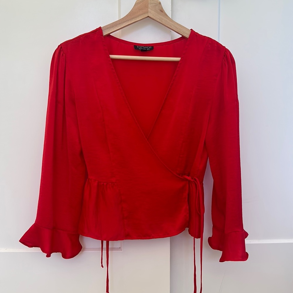 Topshop Red Satin Wrap Top US 4